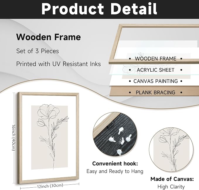 Neutral Botanical Prints Wall Art Flower Minimalist Canvas Wall Decor Vintage Line Wall Art Floral Plant Painting Pictures Beige Boho Artwork Farmhouse Poster for Bedroom 12x16x3 Inch Wood Framed