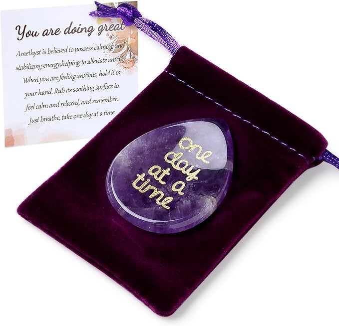 One Day at A Time Amethyst Thumb Worry Stone for Anxiety Crystals Healing Stones Inspirational Stone for Meditation Worry Stones for Stress Relief Sobriety Gifts Thinking of You Gifts for women