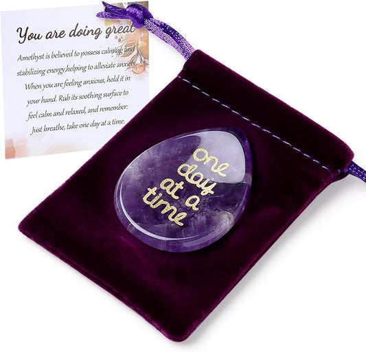 One Day at A Time Amethyst Thumb Worry Stone for Anxiety Crystals Healing Stones Inspirational Stone for Meditation Worry Stones for Stress Relief Sobriety Gifts Thinking of You Gifts for women