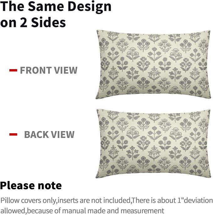 Grey Gray Floral Pillow Covers 12x20 Inch Set of 2, Block Print Lumbar Flower Cream Decorative Throw Pillowcases Outdoor Farmhouse Rectangle Cushion Covers Spring Summer Sofa Couch Bed Decor