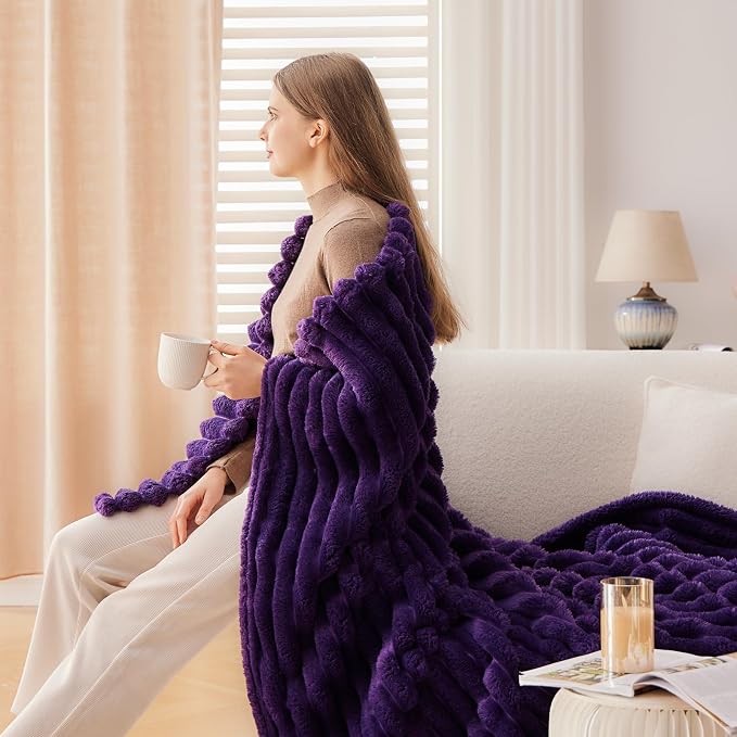 NEWCOSPLAY Fleece Ribbed Cozy Throw Blanket for Couch, Purple, 50"x60" | Premium Silky Flannel Blanket, Soft Lightweight Fluffy Throw Blanket for Bed Sofa Decor, Gift for All Season Use
