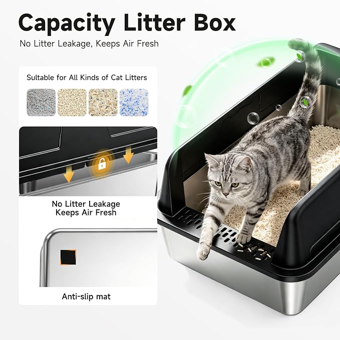 High-Sided Stainless Steel XL Cat Litter Box for Cats | High-Sided Design Prevents Urine Leakage,Non-Stick,Easy to Clean,Includes Scoop,Black