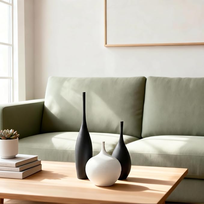 Relexome Black and White Ceramic Vase Modern Wabi-Sabi Flower Vase Set of 3 Decorative Aesthetic Vases for Centerpieces Matte Minimalist Vases for Living Room Table Shelf Home Decor Gift