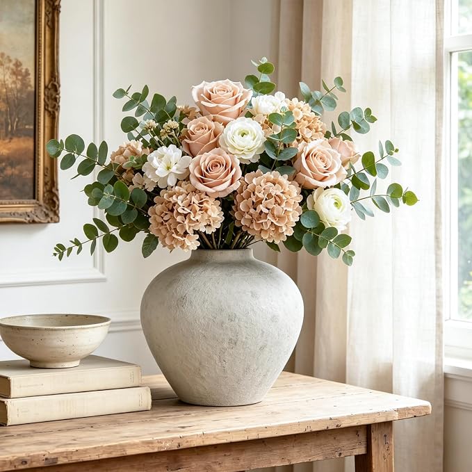 Ceramic Flower Vase Rustic Farmhouse Home Decor | 6.3 Inch White Round Decorative Vase, Ideal Table Decor for Living Room, Wedding, Birthday, Holiday