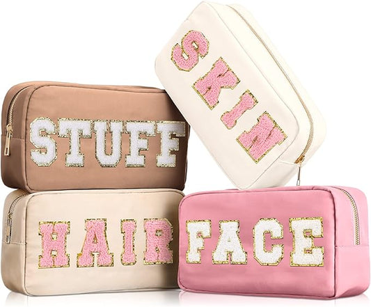 Preppy Makeup Bags Chenille Letter Stuff Bag Nylon Cosmetic Pouch Cases with Zipper for Women Travel Toiletry(Multi Colors,Classic,4 Pcs)
