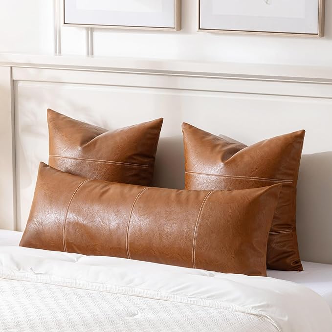 Fancy Homi Brown Boho Long Lumbar Faux Leather Body Decorative Throw Pillow Cover 21x54 Inch for Bedroom Couch Bed Sofa Bench, Hand Stitched Stylish Pillowcase, Rustic Modern Farmhouse Room Decor