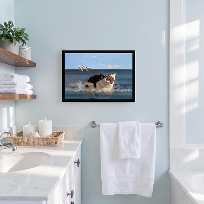 ICHZUMW Framed Funny Black Cat Biting Shark Ocean Canvas Wall Art 16x24 In | Quirky Cat Biting Shark Oil Painting, Humorous Bathroom Wall Decor, Bedroom Bar Man Cave Restroom Powder Room, Ready to Hang