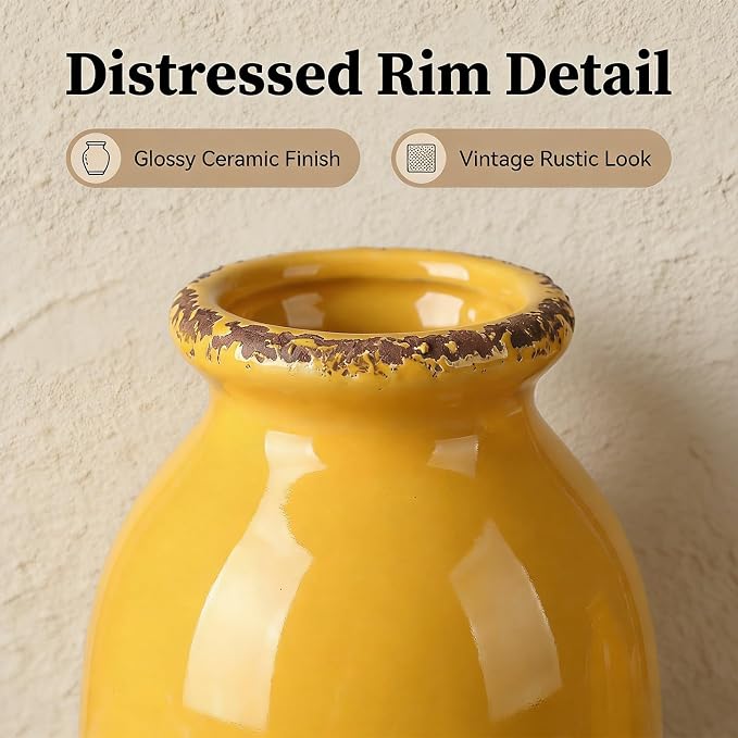 3Pcs Yellow Ceramic Vases, Decorative Vases for Modern Farmhouse | Neutral Pottery Decor for Table Mantel Entryway Bookshelf Living Room