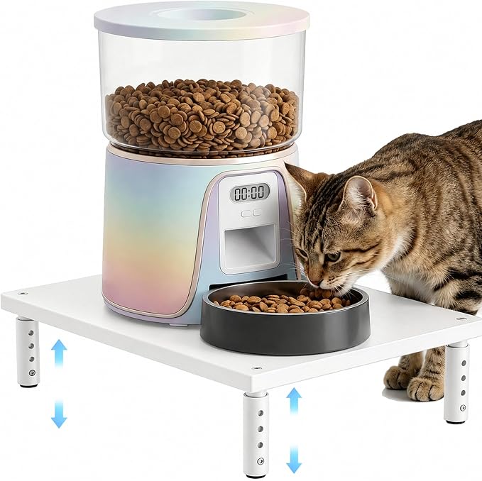 Adjustable Cat Food Stand, Elevated Cat Feeder Stand with 4 Height Settings, Automatic Cat Feeder & Tradition Bowls, Raised Pet Feeding Table Station for Cats & Small Dogs, White Wood