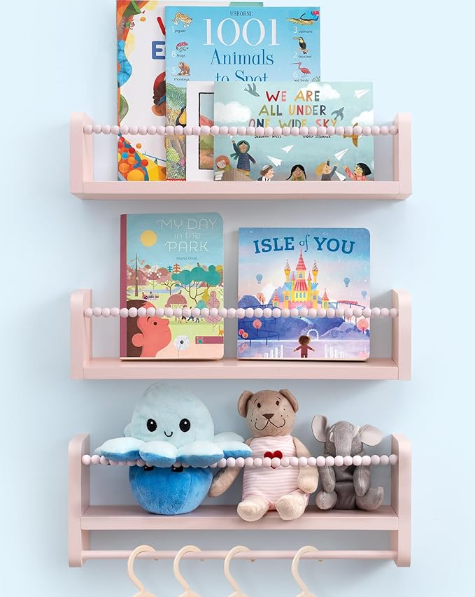 Maxpeuvon Nursery Book Shelves for Wall, Pink Floating Shelves Set of 3 | Natural Wood Nursery Shelves, with Towel Bar, Storage Shelf for Books, Toys and Decor, for Kids Room, Playroom, Bedroom
