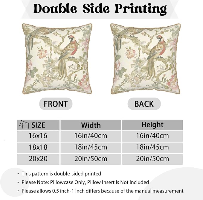 Vintage Bird Floral Soft Velvet Throw Pillow Covers Set of 2 Cream Chinoiserie Flowers Leaves Decorative Pillow Covers 20x20 Inch Retro Farmhouse Pillow Case With Gold Trim For Sofa Couch Home Decor