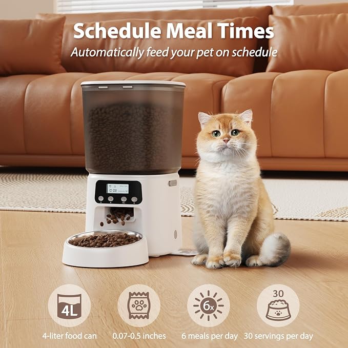 Petrice Automatic Cat Feeder, 4L/16Cups Cat Food Dispenser with Stainless Steel Bowl 30 Portions 6 Meals per Day, Programmable Auto Cat Feeder for Kitty Small Dogs with 10S Voice Record, White