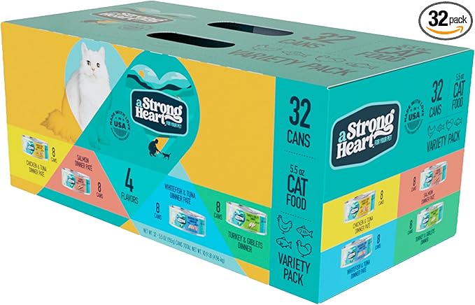 A Strong Heart Cat Food Variety Pack, Turkey, Chicken, Tuna & Salmon, 32ct | Pate texture, all life stages, complete & balanced, made in USA, 5.5oz cans