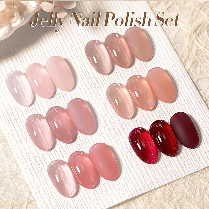 Born Pretty Jelly Nail Polish Set, 6 Colors Sheer Nude Natural Red Pink Brown Colors Quick Dry Nail Polish Jelly Transparent Spring Summer Fingernail Polish for DIY Nail Art Salon Home Gifts