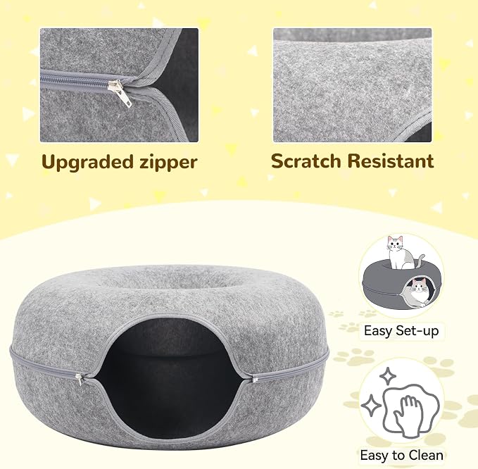 Cat Caves for Indoor Cats, Large Cat Tunnel for Multiple & Large Cats, Scratch Detachable Cave Bed, Kitten Donut Kitty Hideaway Up to 45 Lbs (Light Grey, Large, 1 Pack)