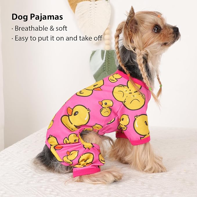 DaFuEn Dog Pajamas for Small Dogs, Soft Stretchy 4 Legs Puppy Jumpsuit, All Season Cozy Pet PJs for Chihuahua Yorkie Teacup Dogs, Cat Clothes (Red Duck, M)