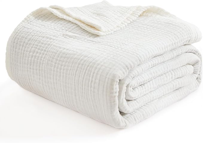 EMME Cotton Muslin Large Throw Blanket Couch Breathable Gauze Soft Lightweight Bed Blankets Adults (White,50"x70")