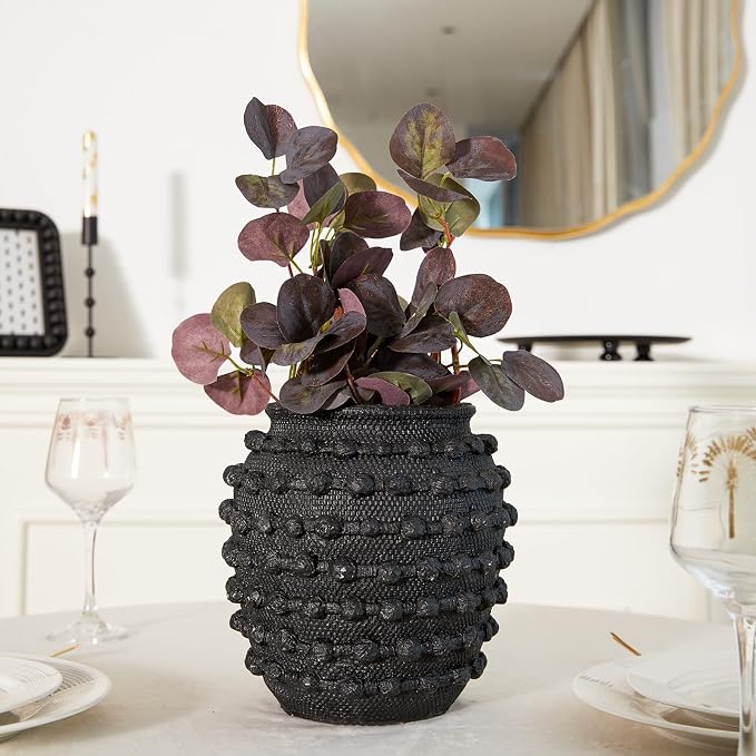 DN DECONATION Rustic Farmhouse Vase, Textured Boho Vase for Home Decor | Black, 8.6 Inch, Cement Decorative Flower Vases with Rope Knots for Living Room, Table Centerpiece, Shelf, Mantel Decoration