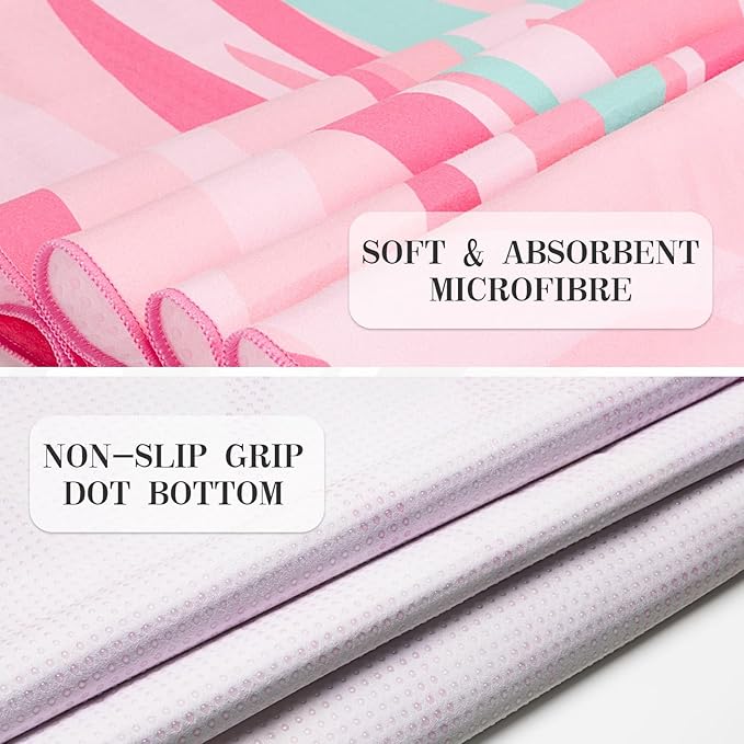 Yoga Mat Towel Cover with Large Corner Pockets, Non Slip Grip Microfiber Mat Cover Mat for Hot Yoga, Pilates and Gym Workout, 70" L x 26" W, Pink