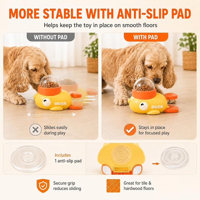 Interactive Dog Puzzle Toy, Cute Duck Treat Dispenser with Anti-Slip Pad, Press-Type Slow Feeder for IQ Training & Boredom Relief, Mental Enrichment for Small Medium Dogs & Cats (Yellow)