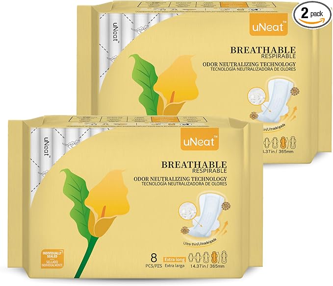 uNeat Extra Long Pads for Women, Ultra Thin Heavy Flow Cotton Sanitary Napkins with Wings, Unscented, Feminine Care, Super Absorbency Extra Coverage Period Pads (Size 4, 16 Count)
