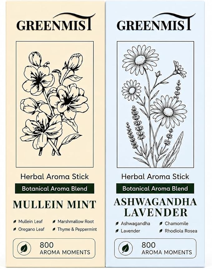 GREENMIST Scent Sticks 2 Pack, Yellow and Blue Aroma Pens, Mullein Mint Thyme Scent and Ashwagandha Lavender Chamomile Scent, Pocket Size Fragrance Sticks for Home Office Car Travel