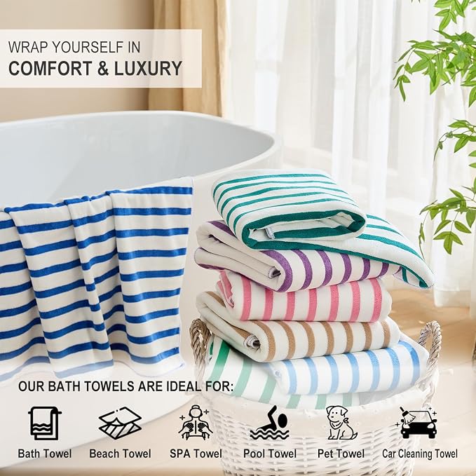 JML Microfiber Towels, Bath Towel Sets (4 Pack, 27" x 55") - Extra Absorbent, Fast Drying, Multipurpose for Bath, Swimming, Fitness, Sports, Yoga,Stripe Blue