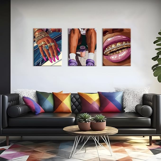 Framed Black Girl Wall Art Set of 3, Trendy Hip Hop Black Woman Wall Decor Paintings, Fashion African American Pictures Canvas Prints for Home Living Room Girly Bedroom 12x16 inch