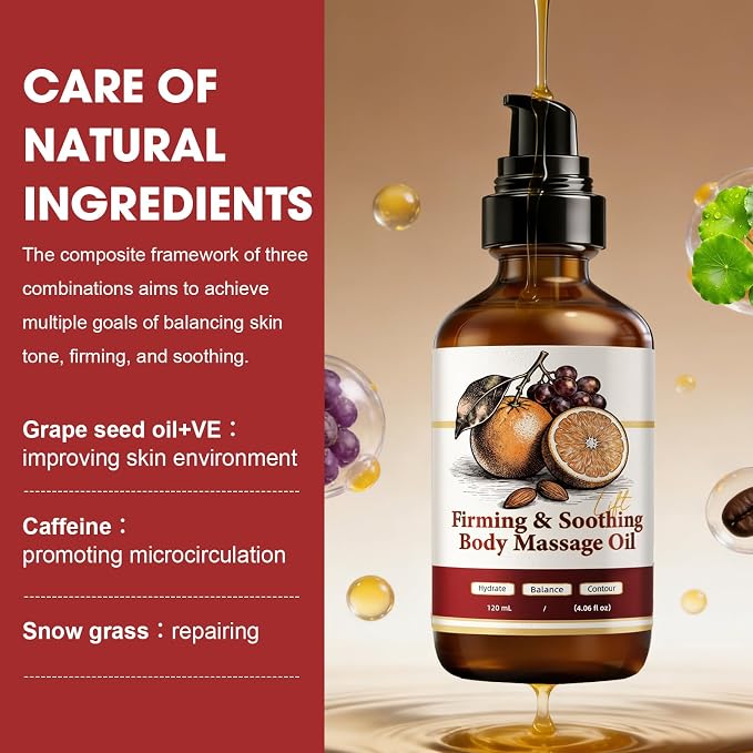 Anti Cellulite Massage Oil with Grapeseed & Sweet Almond Oil – Firming Body Oil for Cellulite, Tightening & Hydrating Body Moisturizer for Full Body, 4 fl oz (120mL)