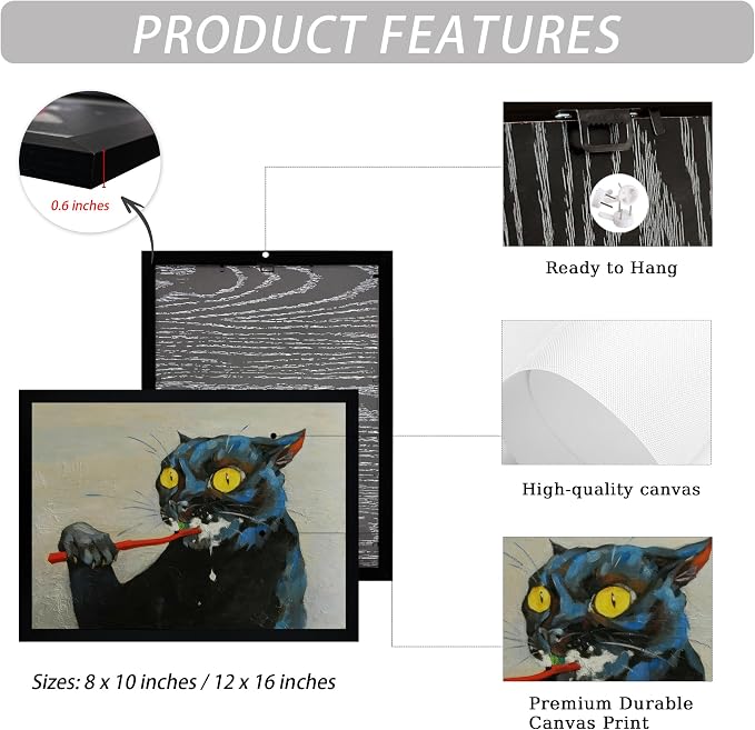ICHZUMW Framed Funny Black Cat Bathroom Decor Canvas Wall Art, 8x10 Inches | Quirky Black Cat Brushing Teeth Painting, Humorous Bathroom Wall Decor, Restroom Powder Room, Fade Resistant, Ready to Hang