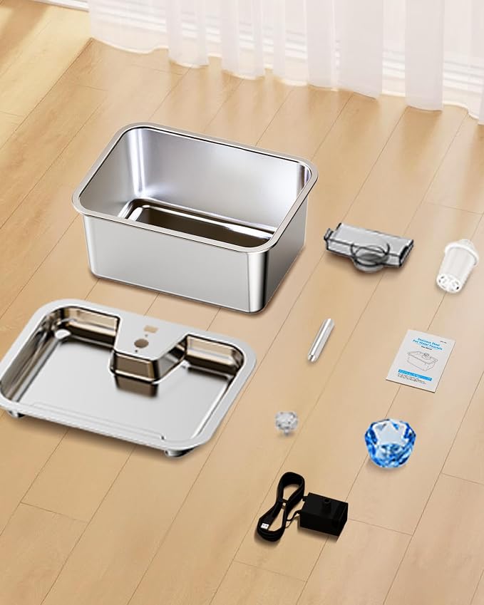 3 Gallon Stainless Steel Dog Water Fountain, Large Dogs, 2 Filters | 3-gallon stainless steel dog water fountain with quiet flow, easy-clean parts, 2 filters, plus a shallow bowl for large dogs.