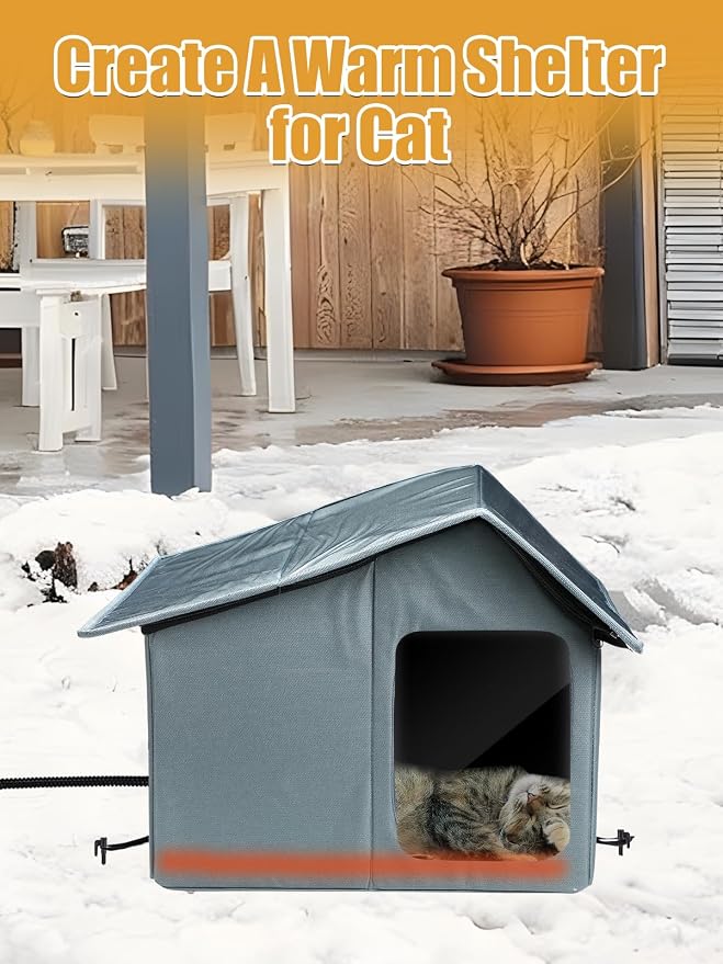Weatherproof Heated Cat Houses for Outdoor Cats - Insulated Cat Shelter for Winter with Thermostatic Heating Pad and Escape Door, Warm Outside Pet House Gift for 1 Feral Cats (Small)