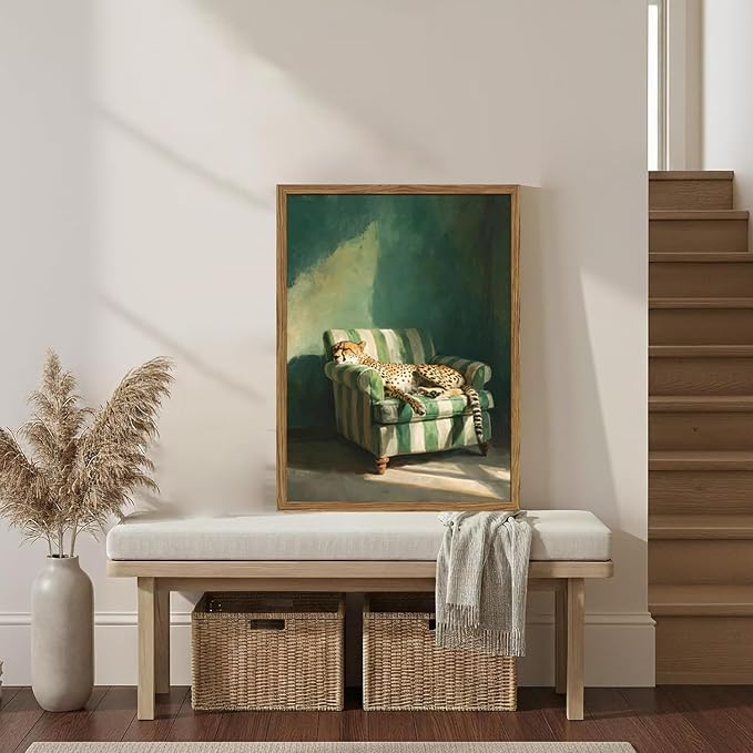 Framed Funny Leopard Canvas Wall Art, Vintage Sleeping Cheetah on Sofa Pictures Wall Decor, Eclectic Animal Paintings Canvas Prints Whimsical Home Decor for Living Room Bedroom 16x24 inch