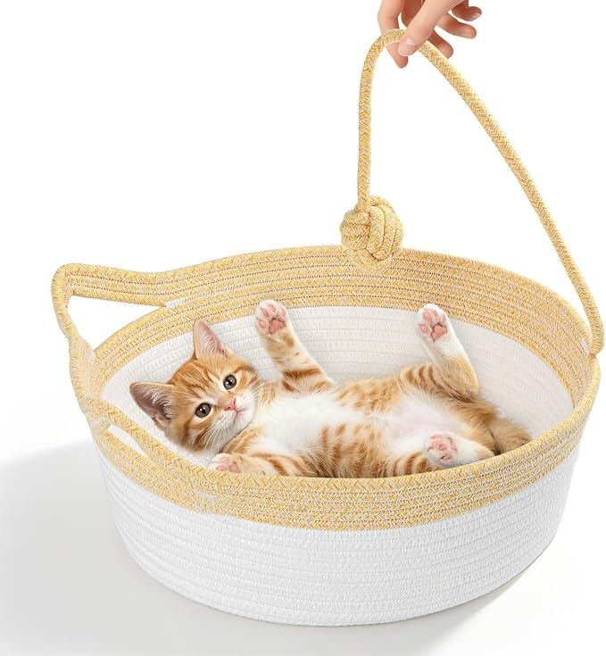 Cotton Rope Woven Cat Bed, Instinct Pet Basket with a Play Ball, Large | Foldable Cat Scratcher Basket for Indoor Cats, Puppies, Rabbits and Small Pets, Yellow & White