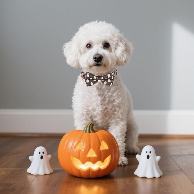 ADOGGYGO Halloween Dog Collar with Bow, Ghost Dog Bow Tie Collar, X-Small