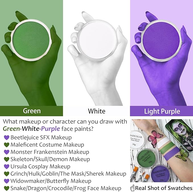 White Green Purple Face Body Paint, Face Painting Kit with Brushes for Beetlejuice & Frankenstein Halloween Makeup, Facepaints for Witch Ursula Maleficent Costume Cosplay & Monster Skeleton SFX Makeup