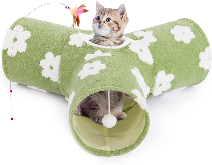 Tempcore Cat Tunnel, 3-Way Collapsible Toy for Indoor Cats, Daisy Green