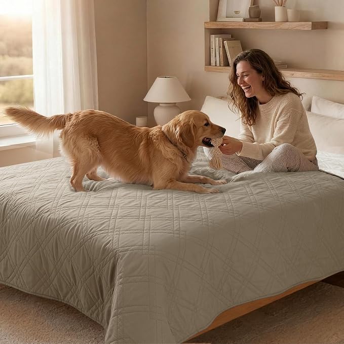 100% Waterproof Washable Dog Blanket, Khaki+Off White, 30"x71" | ,7-Layer Reversible Couch Covers for Dogs Met for Sofa Furniture Car Camping