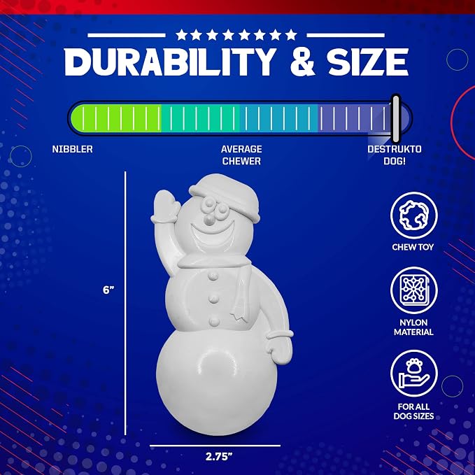 SodaPup MuttsKickButt Snowman - Durable Dog Chew Toy Made in USA Non-Toxic, Pet Safe, Food Safe Nylon Material for Mental Stimulation, Clean Teeth, Fresh Breath, Problem Chewing, Calming, & More