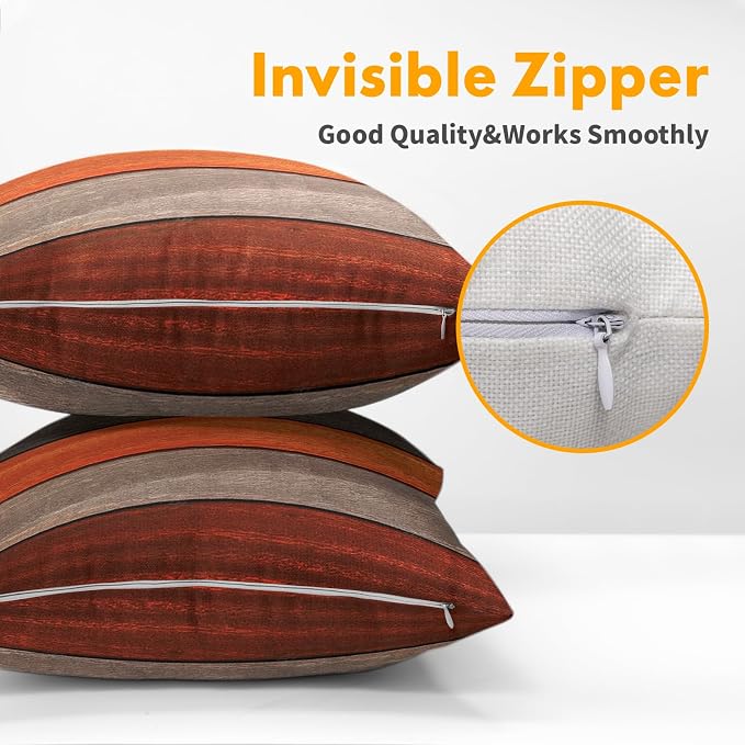 Kawani Wood Grain Throw Pillow Covers 22x22 Inch, Orange Brown Wooden Board Square Pillowcase Set of 2, Farmhouse Cotton Linen Cushion Covers for Couch Sofa Bed Bedroom Car Living Room