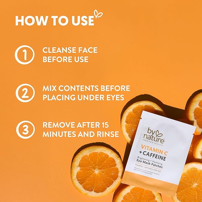 By Nature Vitamin C + Caffeine Brightening + Hydrating Under Eye Mask Patches - Energizing + Replenishing Eye Patches for Dark Circles - Skincare from New Zealand - Under Eye Patches - 5 Pairs