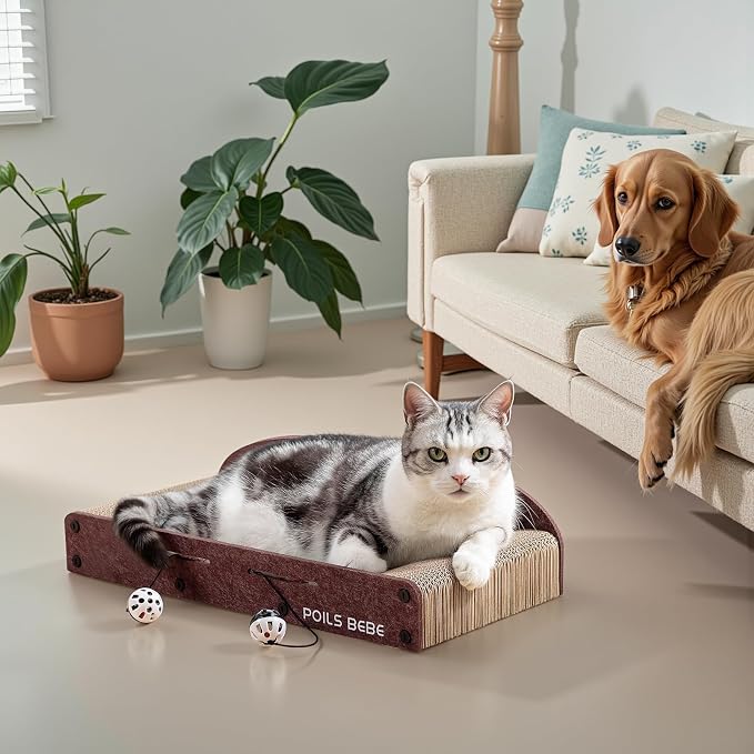 Poils Bebe 26 Inch Sofa Cat Scratcher, Small Cat Scratcher Cardboard with Bell Balls, Durable Couch Lounger for Indoor Cats, Cat Scratch Furniture Protector with Catnip, Cat Toys