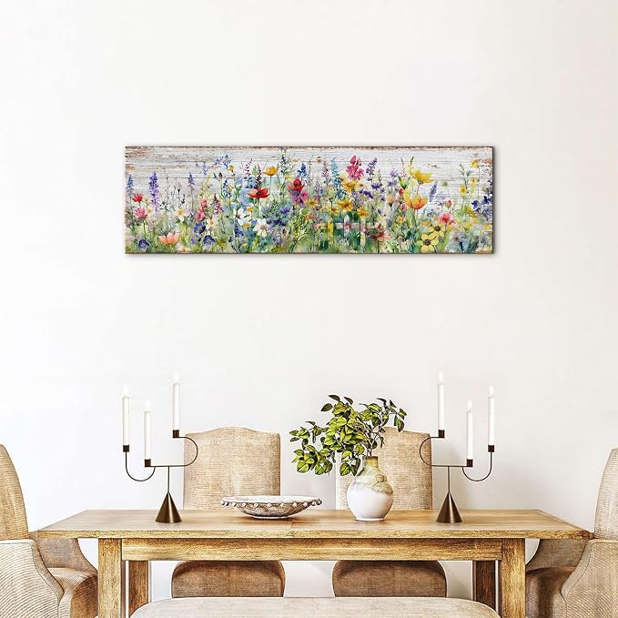 Rustic Wildflower Wall Art Colorful Farmhouse Floral Scenery Picture Decor Watercolor Flower Landscape Wood Grain Prints Painting Artwork for Living Room Office Bathroom Bedroom Home Decoration 14x48"