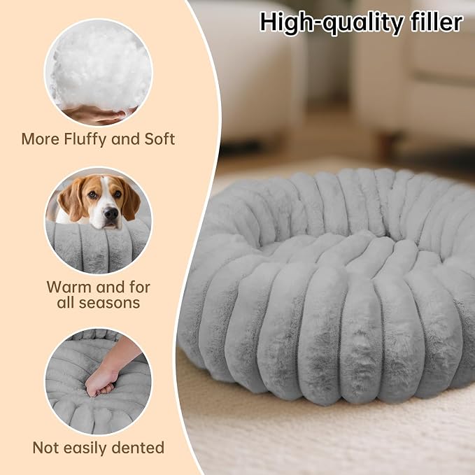 Washable Donut Dog Beds Large Sized Dog,Soft Pet Bed,36in Grey | Cozy Calming Round Cuddler, Fluffy Faux Rabbit Fur, Non-Slip Bottom, Anti-Anxiety, Circle Bed for Large Pets Up to 90 Lbs
