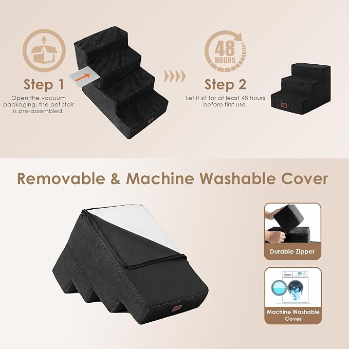 EHEYCIGA Dog Stairs for Small Dogs 13.5" H, 3-Step Extra Wide Dog Steps for Couch Sofa and Chair, Pet Steps for Medium Cats, Non-Slip Balanced Pet Ramp Indoor, Black