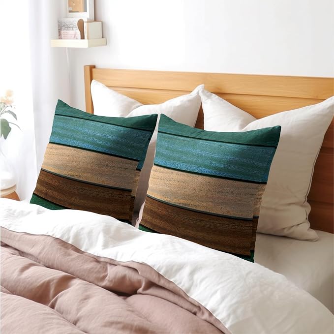 Kawani Wood Board Pillow Covers 16x16 Inches, Set of 2 Blue Green Brown Retro Wooden Decorative Square Pillowcase Cotton Linen Cushion Covers for Living Room Bedroom Sofa Couch