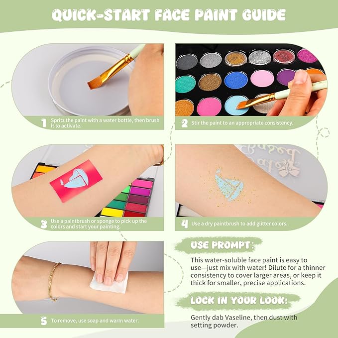 Pintada 26 Color Face Painting Kit for Kids - Non-Toxic Water Activated Face Paint Palette with Brush, Stencils, Gems - For Halloween, Carnivals, Costume Parties, Body Art, Fairs & Creative Events.