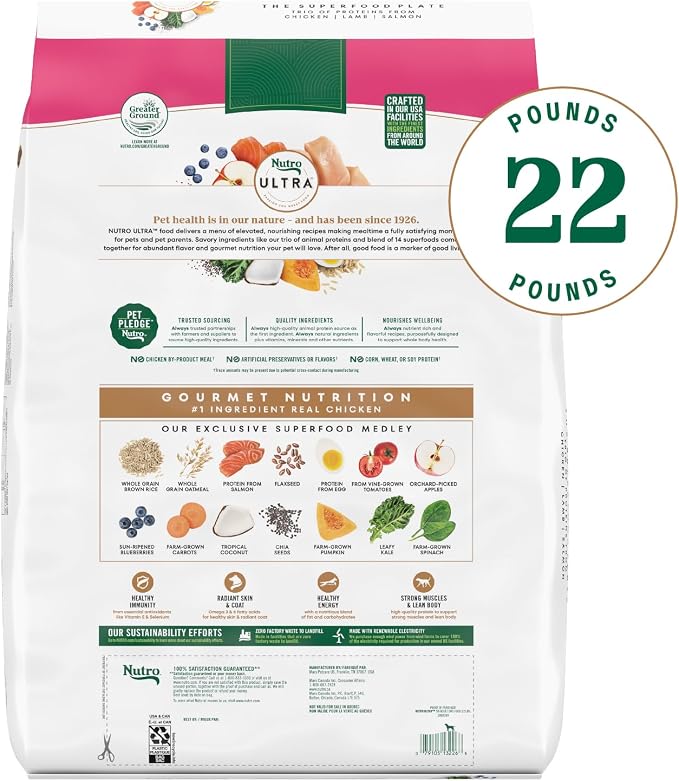Nutro Ultra Small Breed Adult Dry Dog Food, Chicken, Lamb & Salmon, 22 lb | High-protein trio, Non-GMO, no corn, wheat, soy, 14 superfoods blend, Omega 3 & 6 fatty acids, essential antioxidants