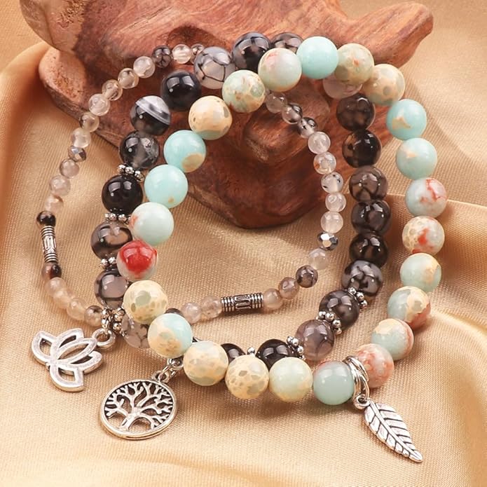 UEUC Tree of Life Yoga Healing Stone Bracelets,Multilayer Lotus Chakra Stone Reiki Bracelet Sets,Anxiety Crystal Natural Stone,for Women Stress Relief