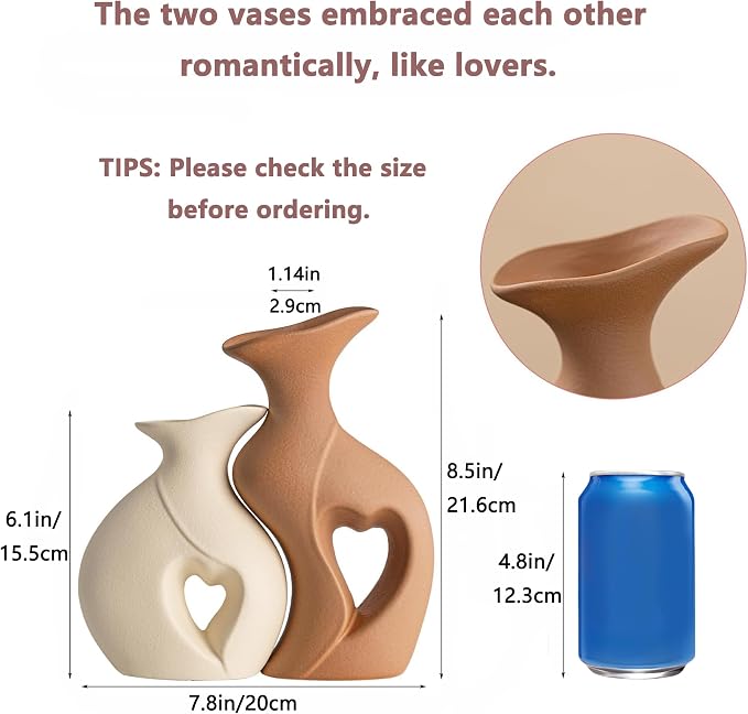 Beige and Brown Ceramic Vase Set of 2，Heart Shaped Home Decor | Nordic, Modern, Table Centerpiece Dining Living Room Office Coffee Table Wedding House Decoration, H 8.5 Inches